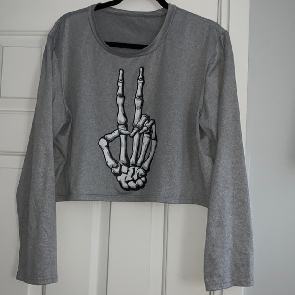 SHEIN Curve Grey Skeleton Peace Sign Graphic Long Sleeve Crop Top Womens 2XL - Picture 1 of 8